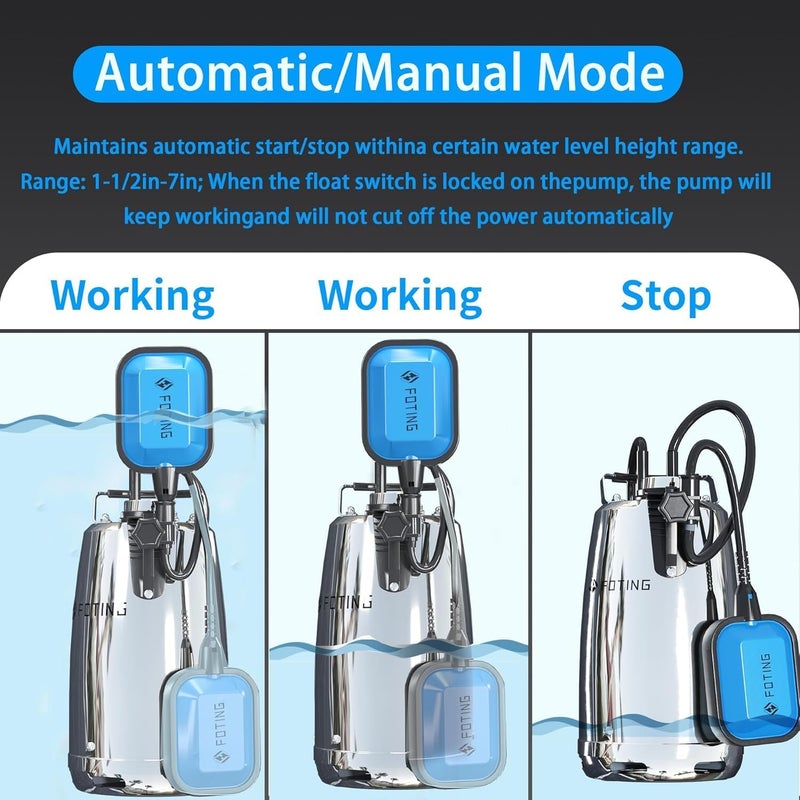 FOTING Sump Pump 1HP Clean/Dirty Submersible Water Pump,4600GPH Utility Pump Thermoplastic Electric Portable Transfer Water Pump for Swimming Pool Pond Basement with 10ft Power Cord,Stainless Auto - Image 3